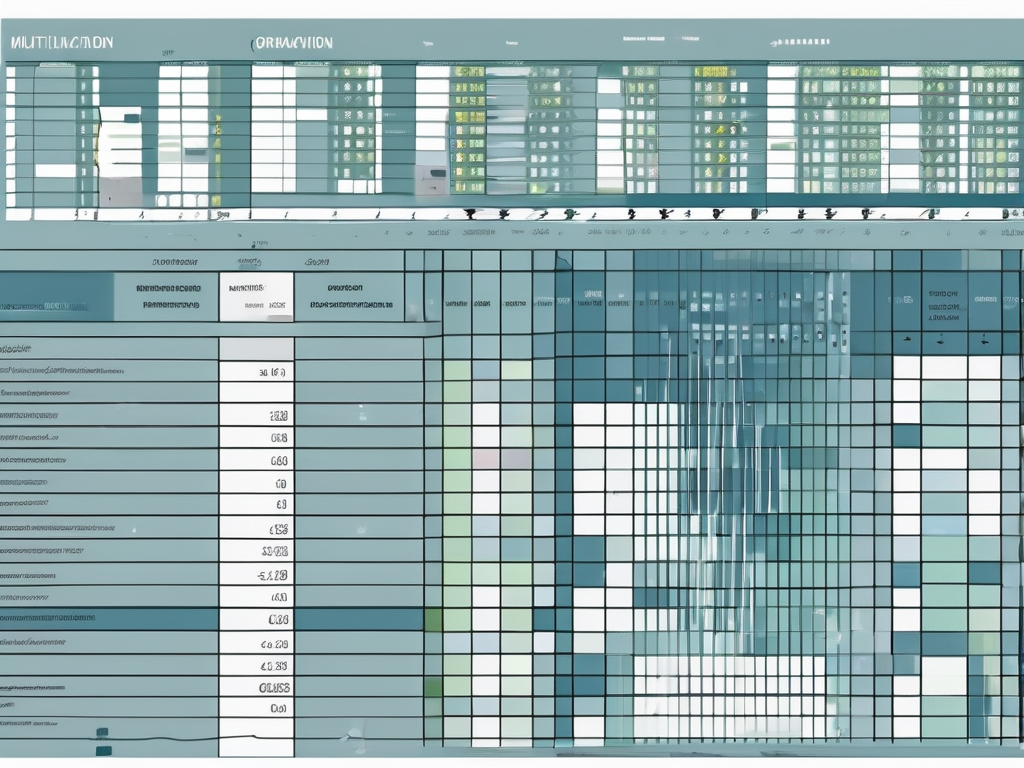 A large excel spreadsheet with highlighted cells showing multiplication formulas