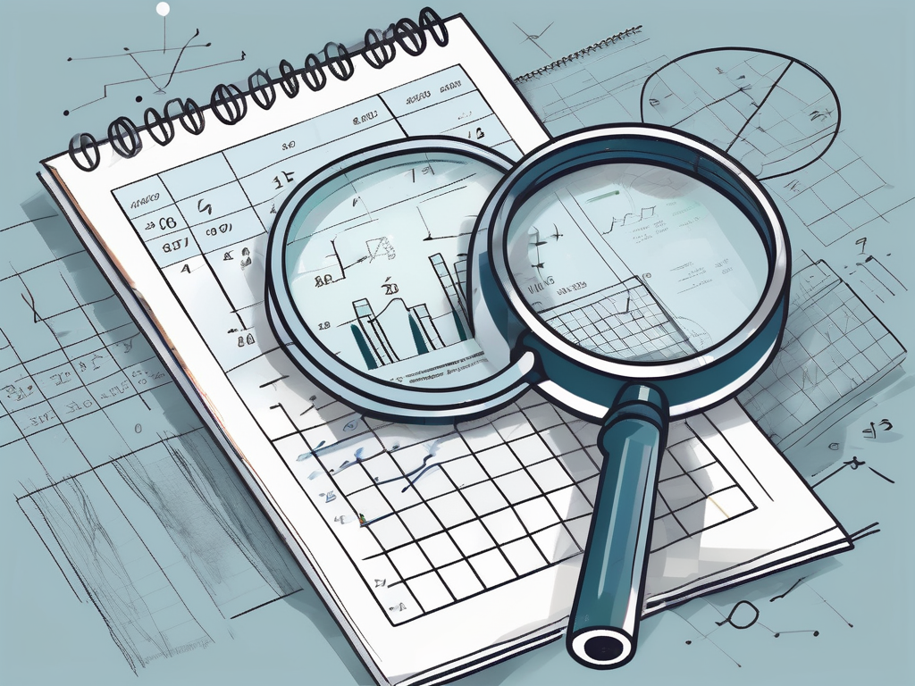 A magnifying glass hovering over a spreadsheet filled with various mathematical symbols and formulas