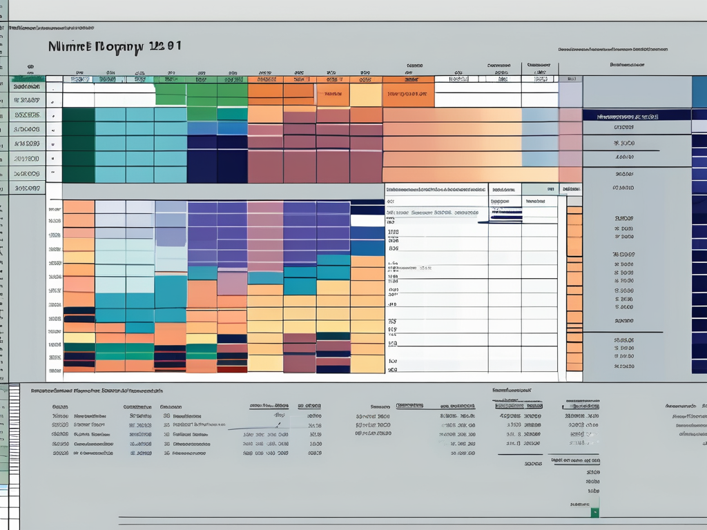 A computer screen displaying a detailed pivottable in microsoft excel with various cells filled with numerical data and different colored tabs representing different formulas