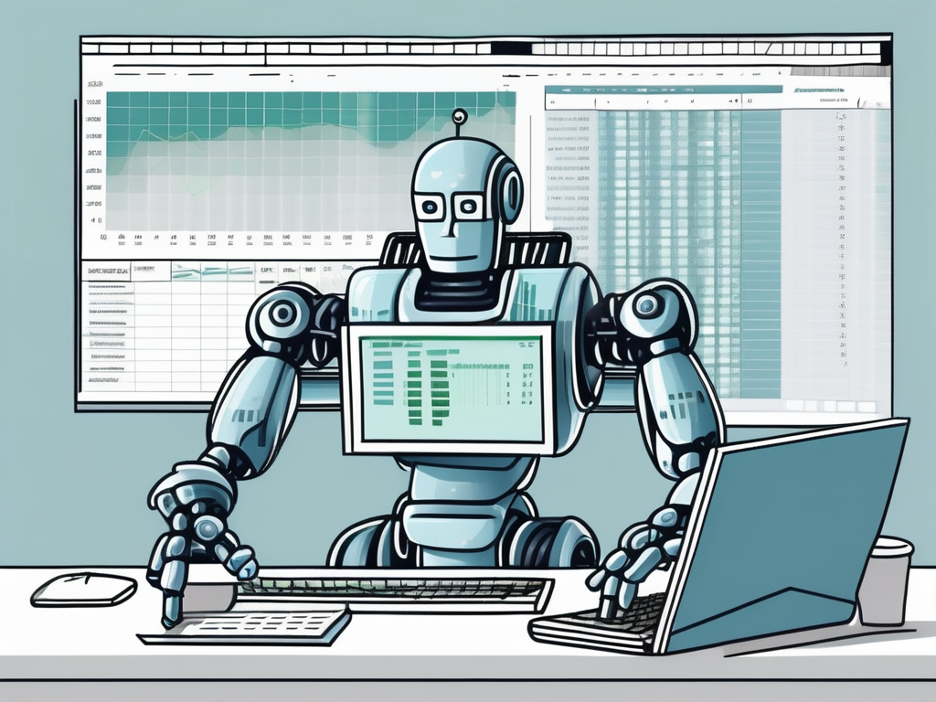 An ai robot manipulating an excel spreadsheet filled with formulas on a computer screen