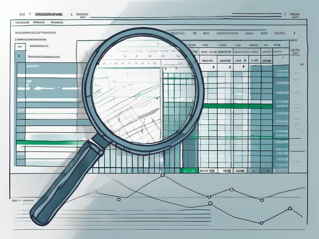 A magnifying glass focused on a detailed excel spreadsheet with various formulas highlighted
