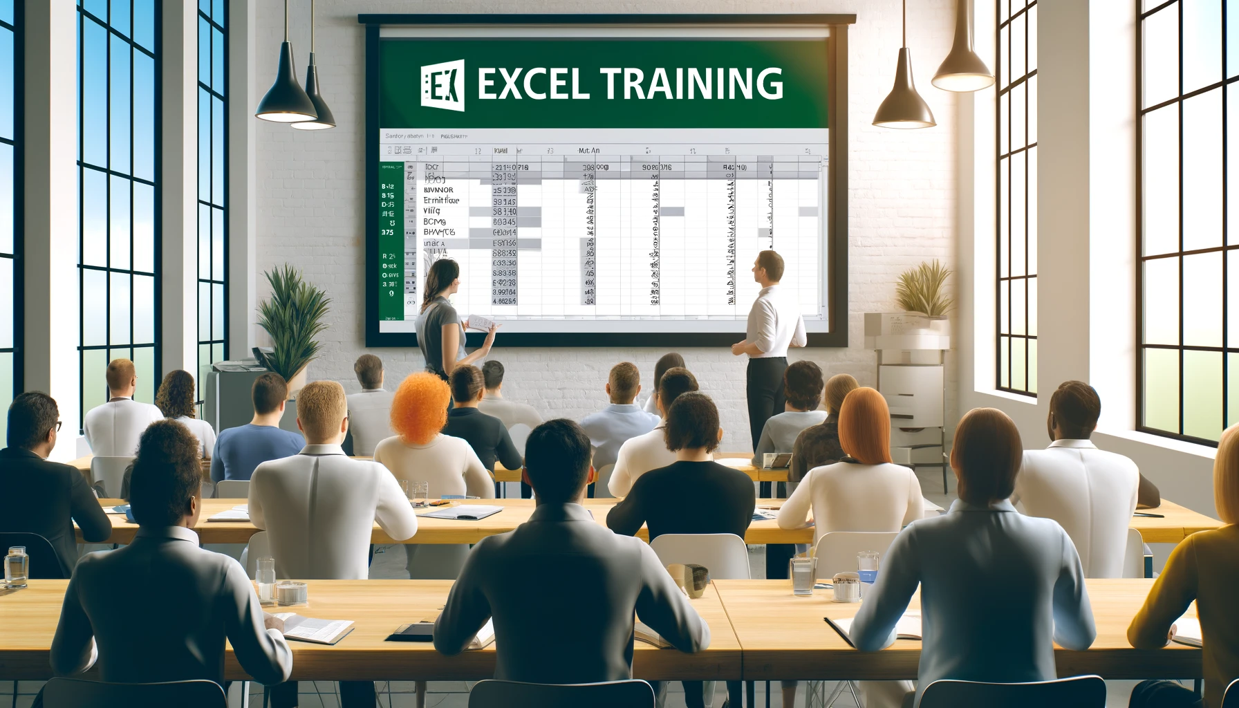 Modern classroom with diverse students learning Excel from a large display screen