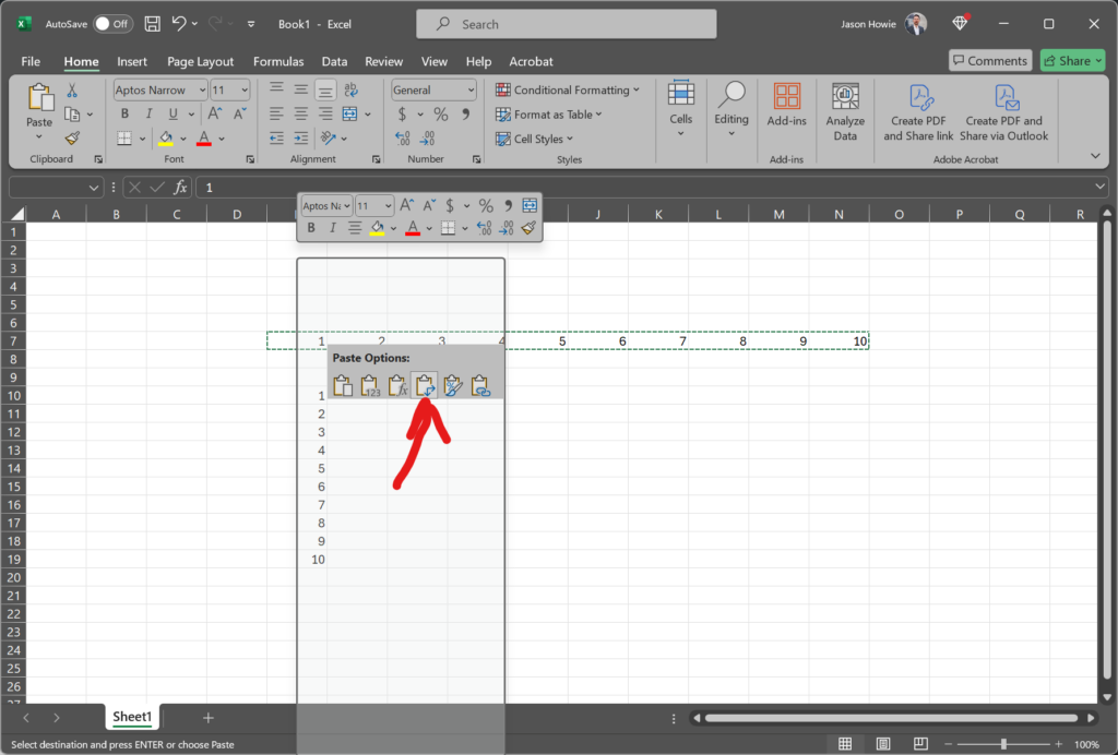 The transpose special paste option in Excel