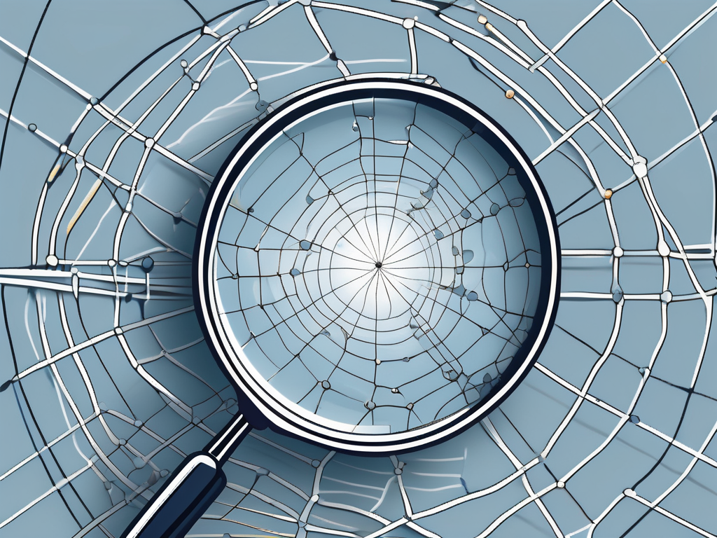 A magnifying glass focusing on a complex web of lines and nodes