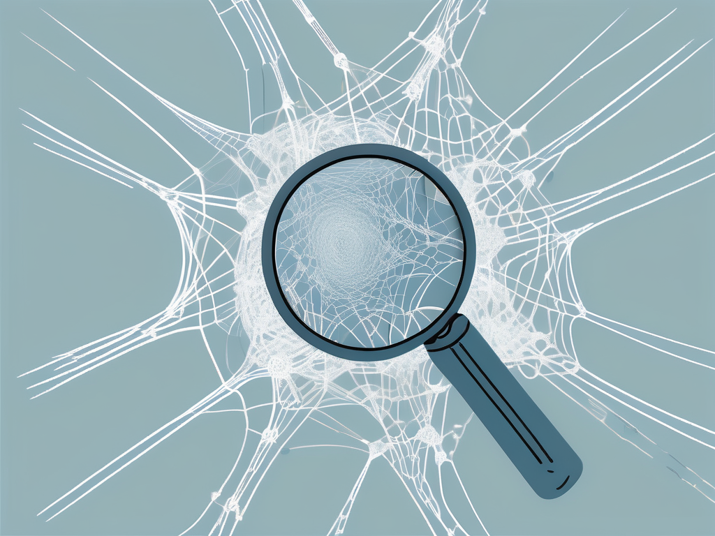 A magnifying glass examining a complex web of interconnected lines and loops