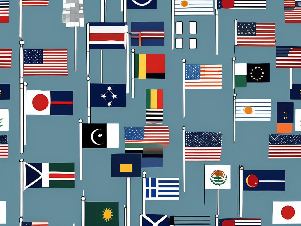 Various international flags integrated with symbolic representations of coding or programming