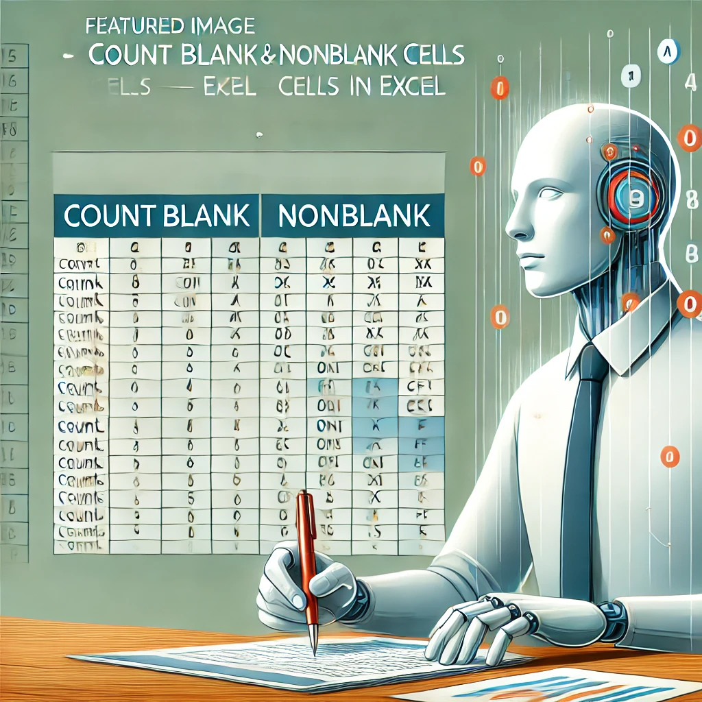 Featured image for counting blank and nonblank cells in Excel, showing a spreadsheet with highlighted sections for blank and nonblank cells and formulas like COUNTBLANK, COUNTA, and COUNTIFS.