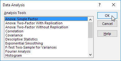 Select Anova: Single Factor Selecting Anova: Single Factor option in Excel