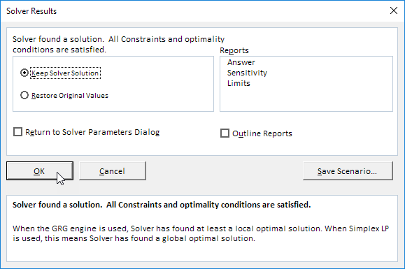 Solver Results Solver Results