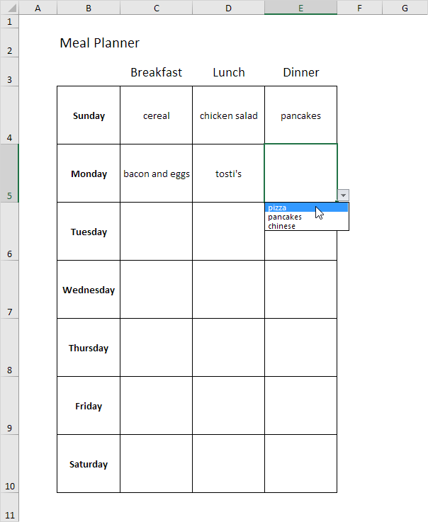 Meal Planner in Excel Meal Planner in Excel