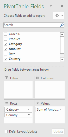 PivotTable Fields Pane PivotTable Fields Pane