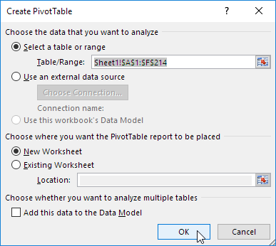 Create PivotTable Dialog Box Create PivotTable Dialog Box
