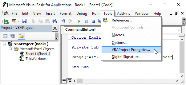 Click Tools VBAProject Properties.