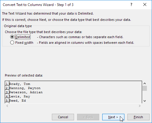 Convert Text to Columns Wizard - Step 1 Convert Text to Columns Wizard - Step 1
